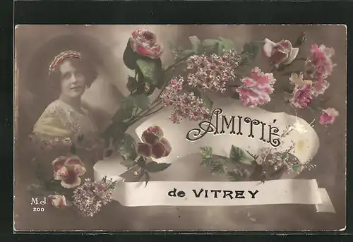 Passepartout-AK Vitrey, Amitie, Blumengrüsse und junge Dame