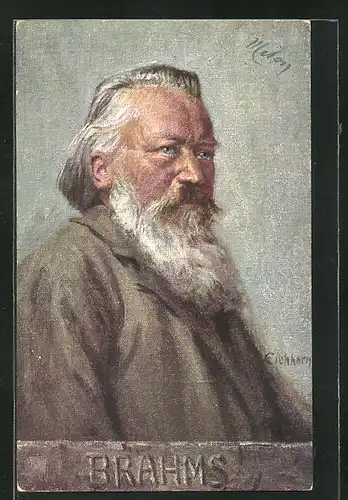AK Portrait Brahms, mit Vollbart & Mantel, seitl. Profil