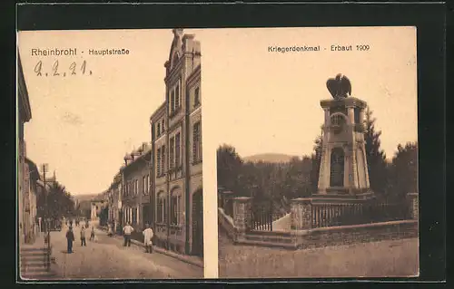 AK Rheinbrohl, Hauptstrasse und Kriegerdenkmal von 1909