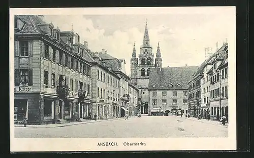 AK Ansbach, Strasse am Obermarkt, Blick auf Hof-Apotheke