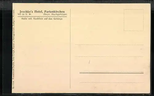 AK Partenkirchen, Jeschke`s Hotel, Halle mit Ausblick auf Bayr. Hochgebirge