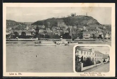 AK Linz /Rhein, Hotel Europäischer Hof, Teilansicht, Dampfer