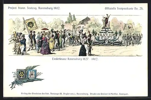 Lithographie Ravensburg, Project. histor. Festzug 1902, Liederkranz Ravensburg 1827-1902, Wappen