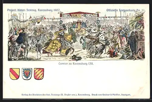 Lithographie Ravensburg, Project. histor. Festzug 1902, Turnier zu Ravensburg 1311, Wappen