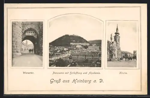 AK Hainburg a. D., Wienertor, Kirche, Panorama mit Schlossberg und Akademie