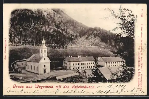 AK Wegscheid, Kirche mit Umgebung und Blick auf die Spielmäuern