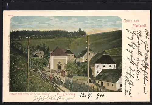 AK Mariazell, Gläubige verlassen die Kirche Heiligenbrunn