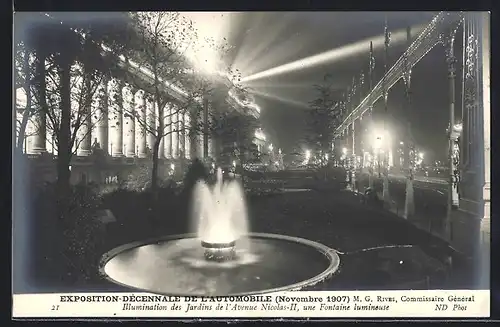 AK Paris, Exposition Decennale de l`Automobile 1907, Illumination des Jardins de l`Avenue Nicolas II., une fontaine