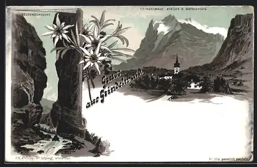 Lithographie Grindelwald, Ortsansicht, Kirche, Wetterhorn, Felsenschlucht