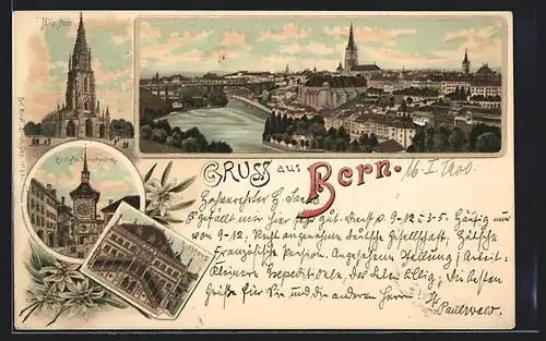 Lithographie Bern, Ortsansicht, Blick auf Münster, Rathaus und Zeitglockenthurm