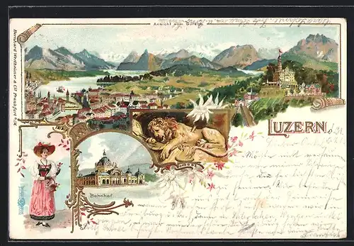 Lithographie Luzern, Teilansicht vom Gütsch, Bahnhof, Löwendenkmal