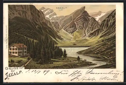 Lithographie Appenzell, Gasthaus zur Alpenrose, Seealp, Panorama