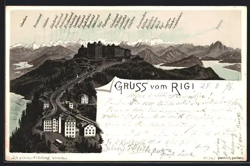 Lithographie Rigi, Rigi-Hotels und Alpen-Panorama
