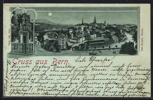 Mondschein-Lithographie Bern, Ortsansicht und Denkmal Berchthold v. Zähringen