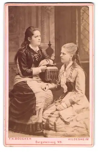 Fotografie F. H. Bödeker, Hildesheim, zwei junge Damen in Gründerzeit Kleidern posieren im Atelier