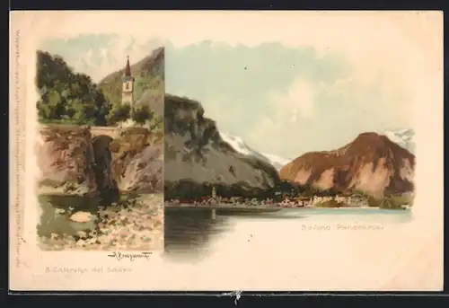 Lithographie Baveno, Panoramablick vom Ort, S. Caterina del Sasso