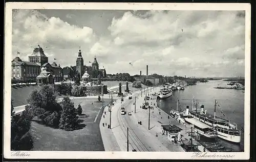 AK Stettin, Dampferanleger mit Uferstrasse und historischen Gebäuden aus der Vogelschau
