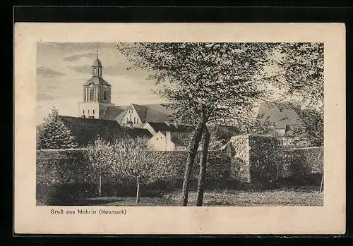 AK Mohrin /Neumark, Ortspartie mit Blick auf Kirche