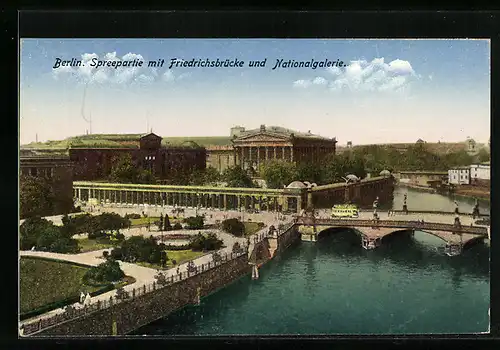 AK Berlin, Spreepartie mit Friedrichsbrücke und Nationalgalerie