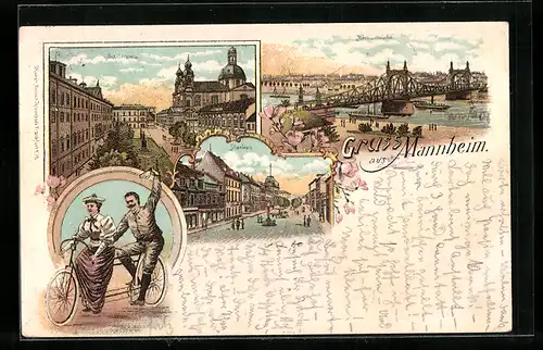Lithographie Mannheim, Schillerplatz, Planken Strasse, Tandem, Stempel Private Stadtpost Mannheim