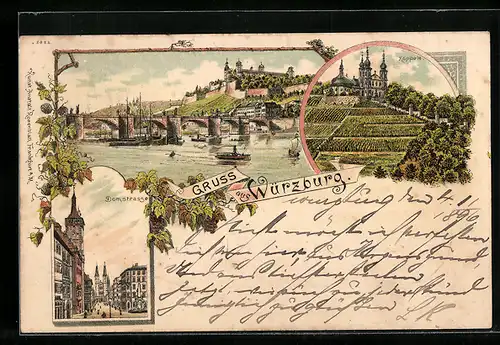 Lithographie Würzburg, Domstrasse, Käppele, Ortsansicht