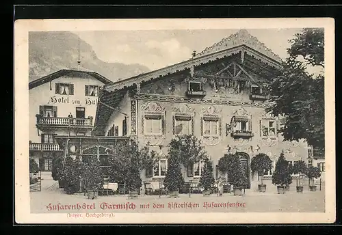 AK Garmisch, Husarenhotel mit dem historischen Husarenfenster