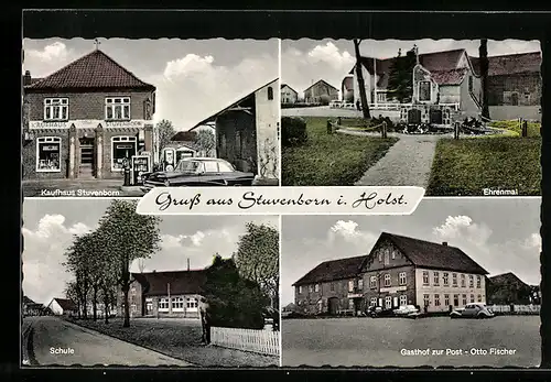 AK Stuvenborn i. Holst., Gasthof zur Post v. Otto Fischer, Ehrenmal, Schule