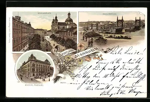 Lithographie Mannheim, Schillerplatz, Kaiserl. Postamt, Neckarbrücke