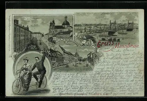 Mondschein-Lithographie Mannheim, Neckarbrücke, Schillerplatz, Planken