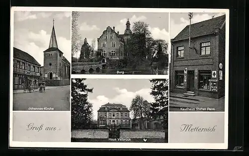 AK Metternich, Johannes-Kirche, Burg, Haus Velbrück, Kaufhaus Stefan Palm