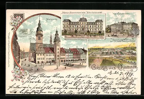 Lithographie Chemnitz, Marktplatz, Kgl. Gymnasium, Stiftung v. Zimmermann`sche Naturheilanstalt