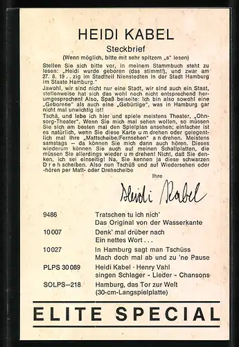 AK Schauspielerin Heidi Kabel fröhlich lächelnd, mit original Autograph