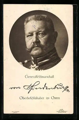 AK Porträt Generalfeldmarschall Paul von Hindenburg in Uniform, Oberbefehlshaber im Osten
