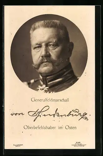AK Porträt Generalfeldmarschall Paul von Hindenburg in Uniform, Oberbefehlshaber im Osten
