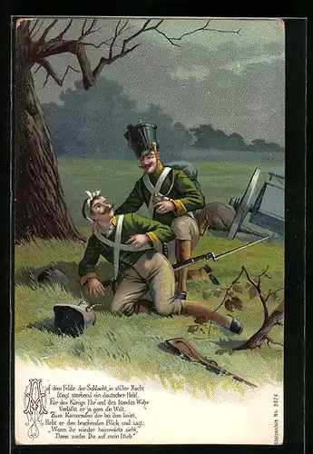 Lithographie Auf dem Felde der Schlacht, in stiller Nacht..., Verwundeter und Kamerad