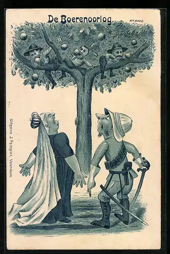 Lithographie Der Boerenkrieg, Königin & Offizier befehlen Männern v. Baum zu kommen, Burenkrieg