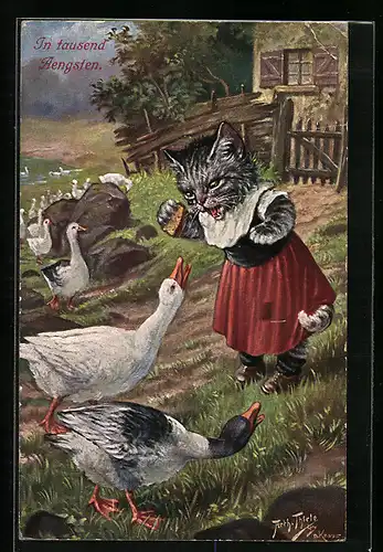 Künstler-AK Arthur Thiele: In tausend Aengsten, Fauchende Katze und Gans