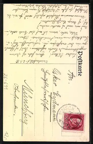 Künstler-AK Handgemalt: Mann isst Fleisch zu Abend