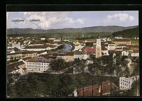 AK Laibach, Ortsansicht mit Bergpanorama