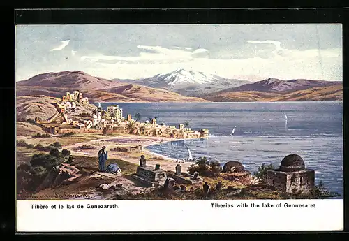 Künstler-AK F.Perlberg: Teberias, Totalansicht mit Blick auf den See Genezareth und Gebirgspanorama