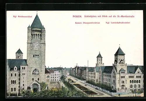 AK Posen, Schlossplatz mit Blick auf die St.-Martinstrasse