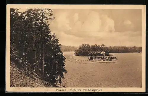 AK Masuren, Niedersee mit Königsinsel, Dampfer