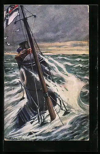 AK Deutsches U-Boot auf Patrouille an der englischen Küste, Wache im Turm hält Ausschau mit einem Feldstecher