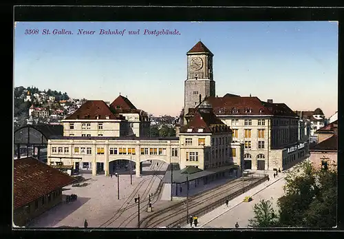 AK St. Gallen, Neuer Bahnhof und Postgebäude