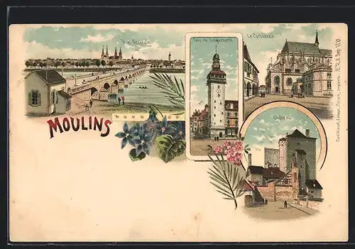 Lithographie Moulins, La Cathedrale, Tour du Jacquenard, Vue Generale