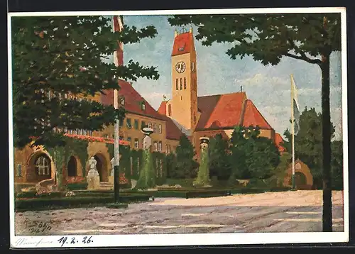 Künstler-AK München-Schwabing, Krankenhaus München-Schwabing, erbaut von Prof. Schachner