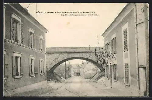AK Mériel, Pont du Chemin de Fer et Rue du Pont