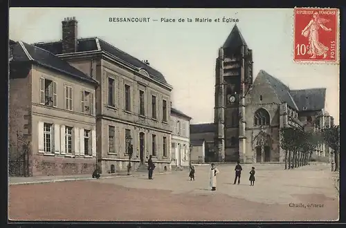 AK Bessancourt, Place de la Mairie et Église