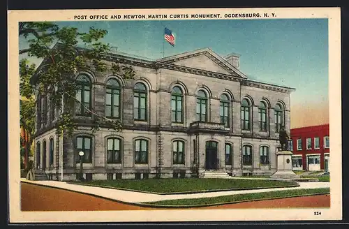 AK Ogdensburg, NY, Post Office and Newton Martin Curtis Monument