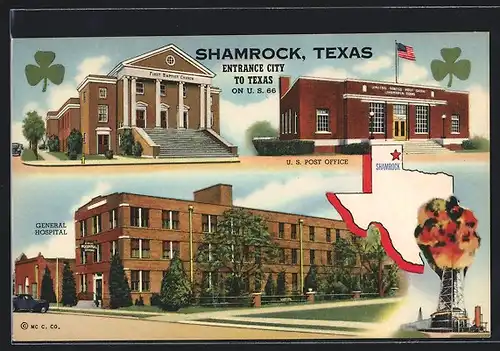 AK Shamrock, TX, US Post Office, General Hospital, First Baptist Church